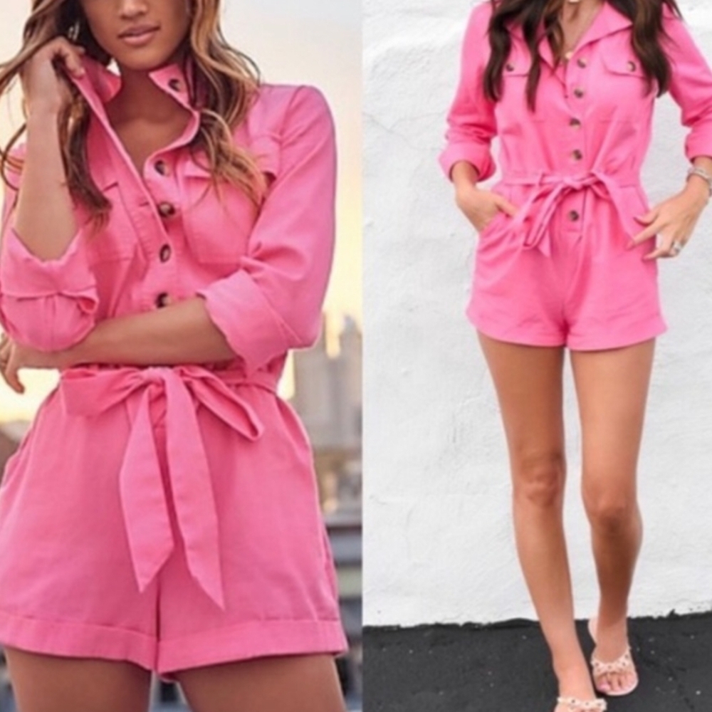 Express X Rocky Barnes Pink Safari Button Up Girlhoodcore Romper Jumpsuit XS